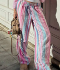 New Fashionable Elegant Striped Colorful Loose Wide Leg Elastic Waist Drawstring Pants