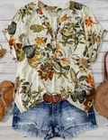 Women's Tropical Print Button Detail Batwing Sleeve V-Neck Regular Blouse