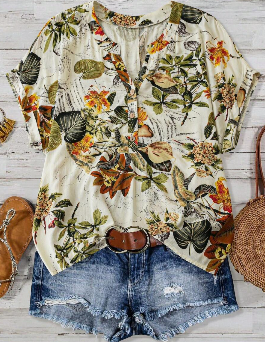 Women's Tropical Print Button Detail Batwing Sleeve V-Neck Regular Blouse